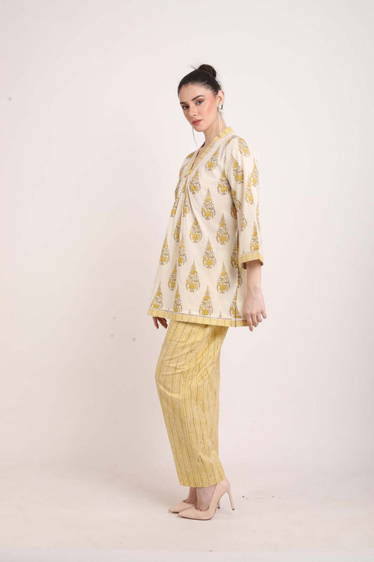 Lemon Yellow V-Neck Flared Co-ord Set UCEN22166