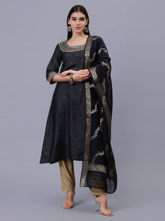 Black Cotton Tusser Boat Neck Kurta