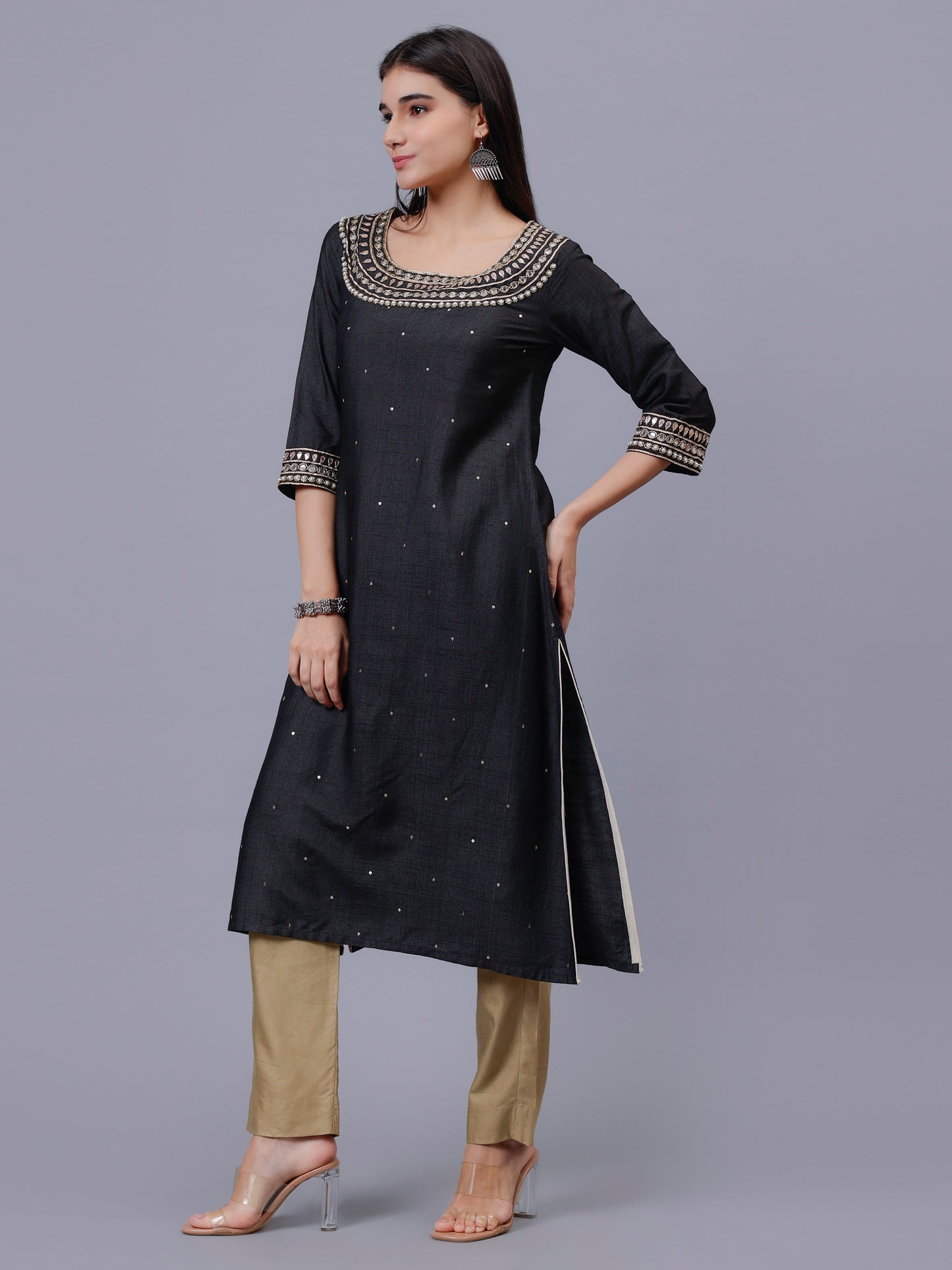 Black Cotton Tusser Boat Neck Kurta