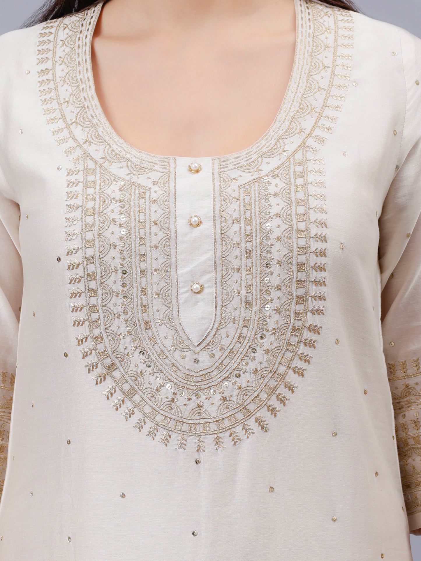 Chanderi Hand Embroidered Cream Kurta