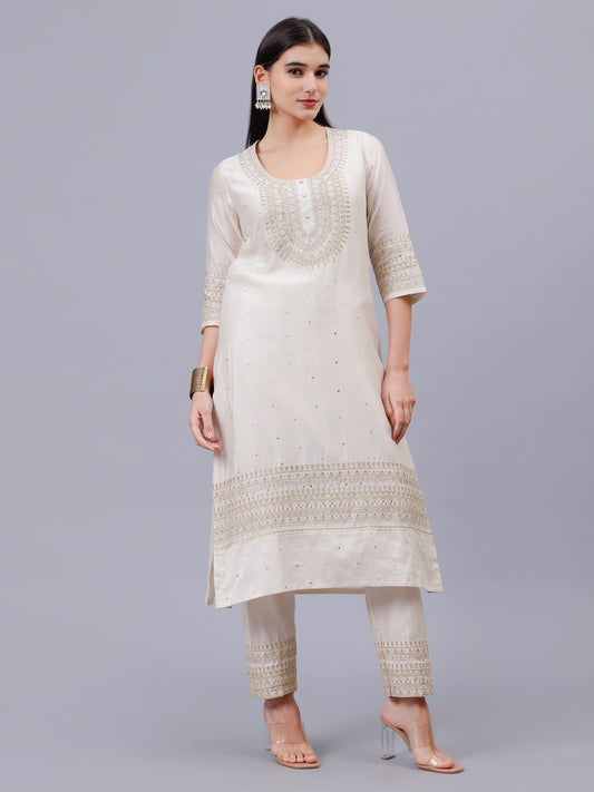 Chanderi Hand Embroidered Cream Kurta