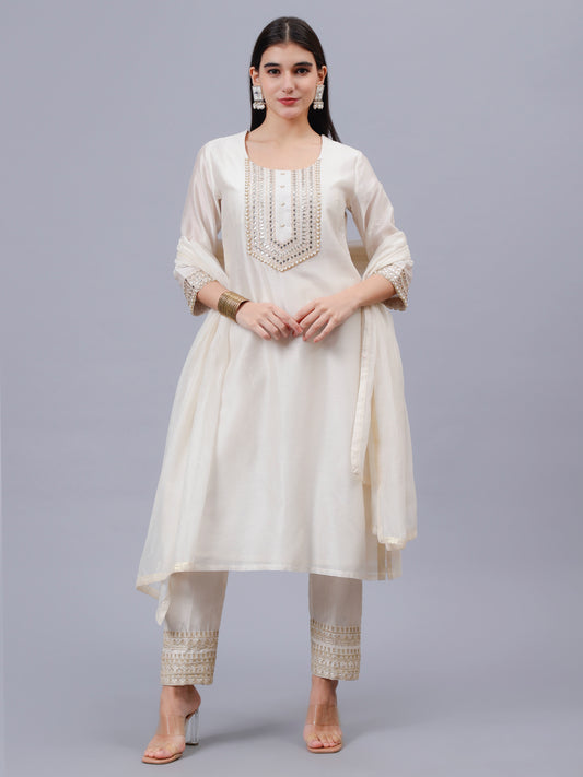 Chanderi Hand Embroidered Cream Kurta