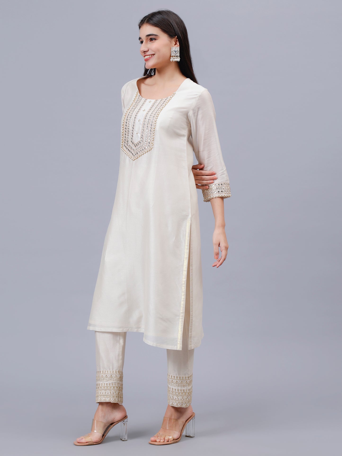 Chanderi Hand Embroidered Cream Kurta