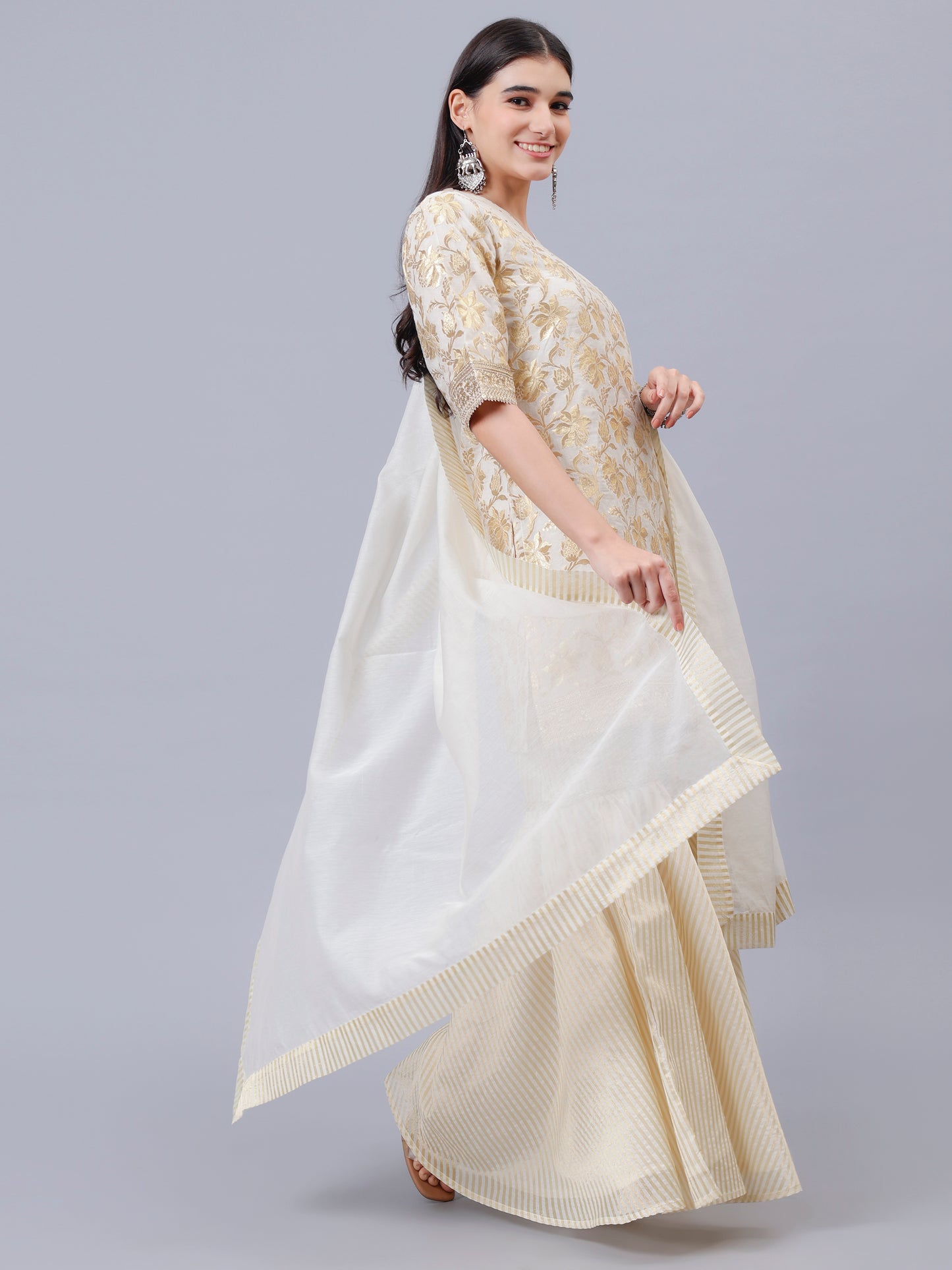 Cream Chanderi Coord Set With Golden Embroidery