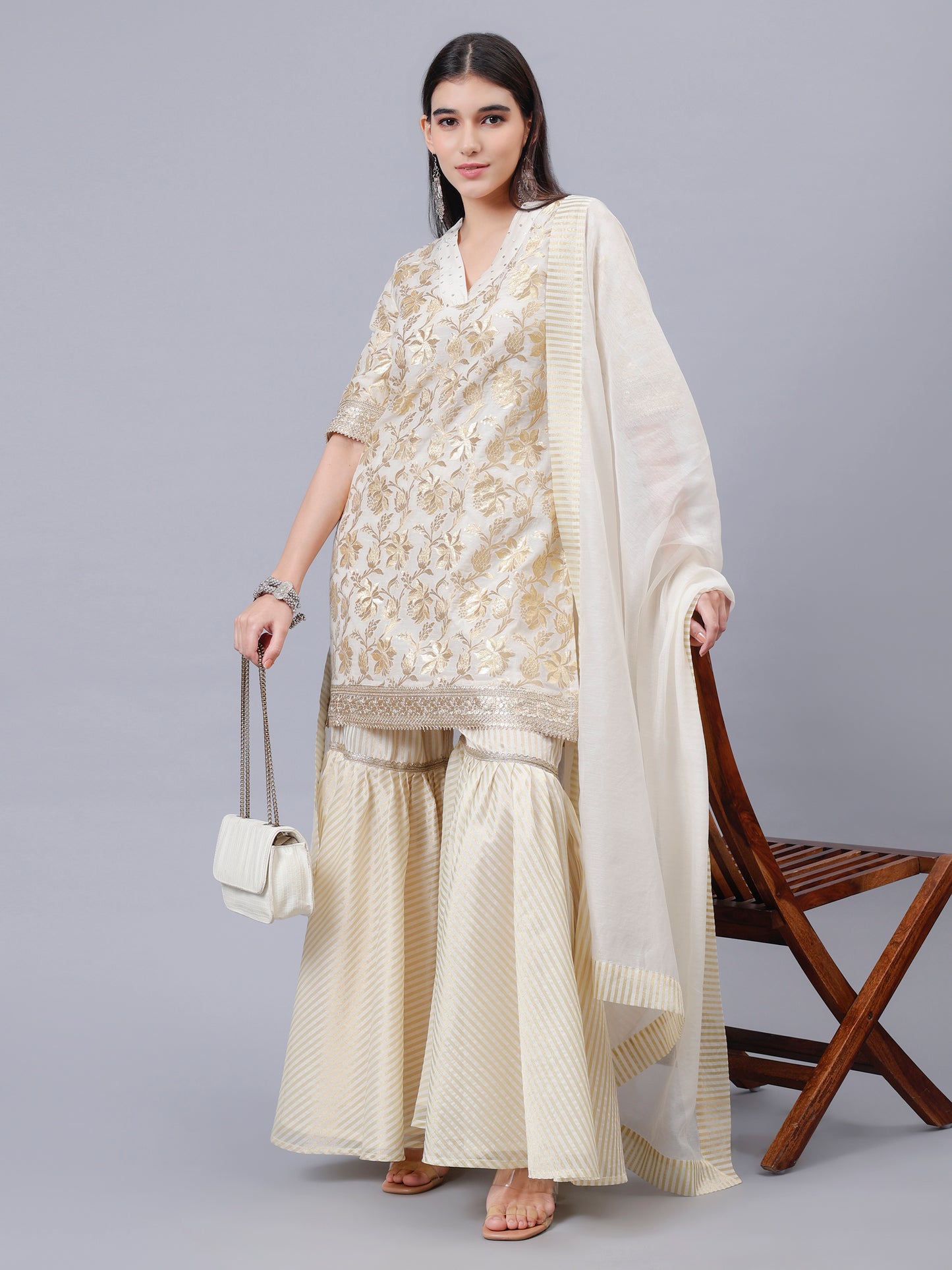 Cream Chanderi Coord Set With Golden Embroidery