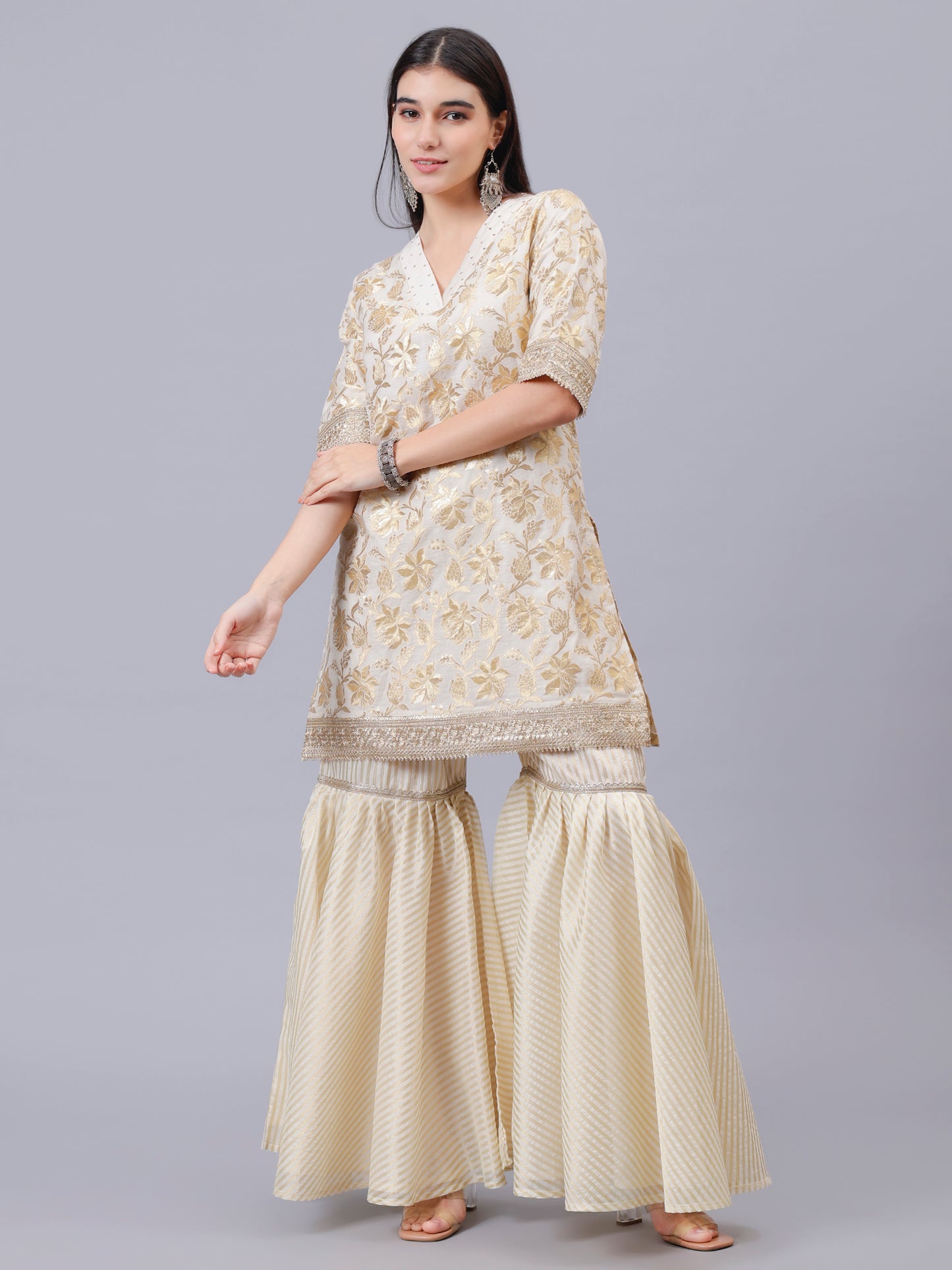 Cream Chanderi Coord Set With Golden Embroidery