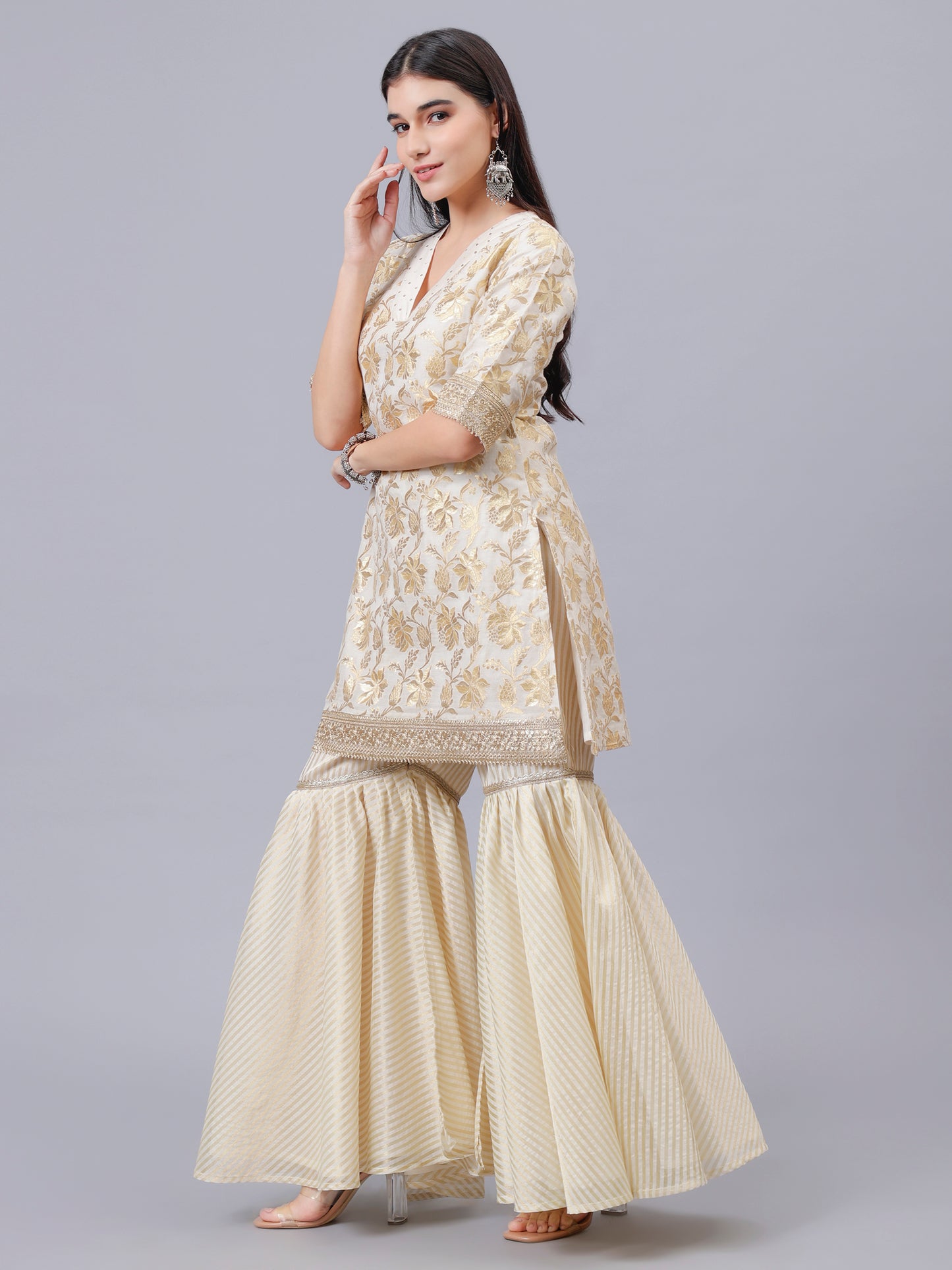 Cream Chanderi Coord Set With Golden Embroidery