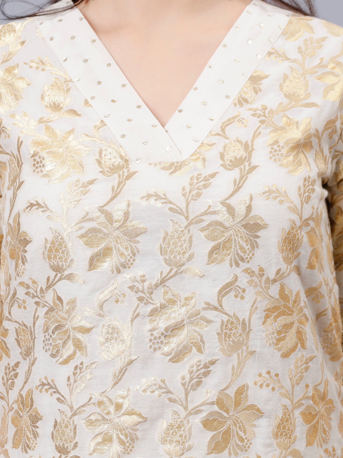 Cream Chanderi Coord Set With Golden Embroidery