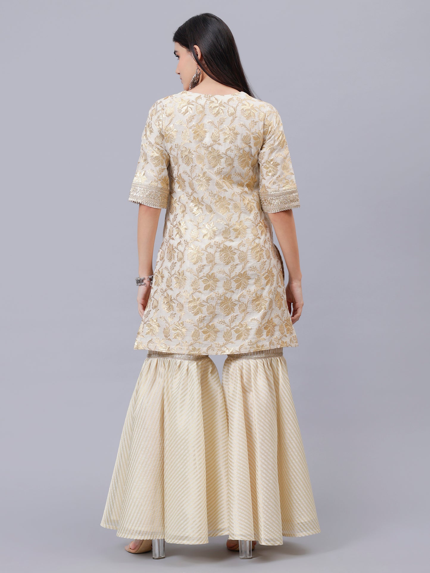 Cream Chanderi Coord Set With Golden Embroidery