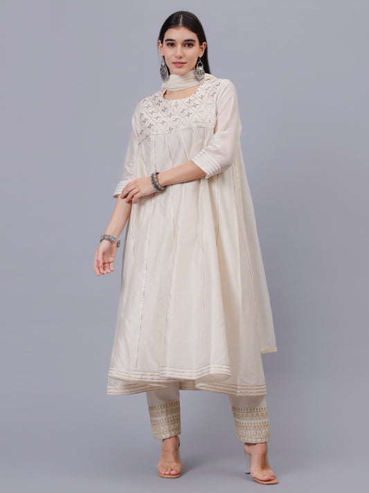 Cream Anarkali Kalidar Kurta With Dupatta