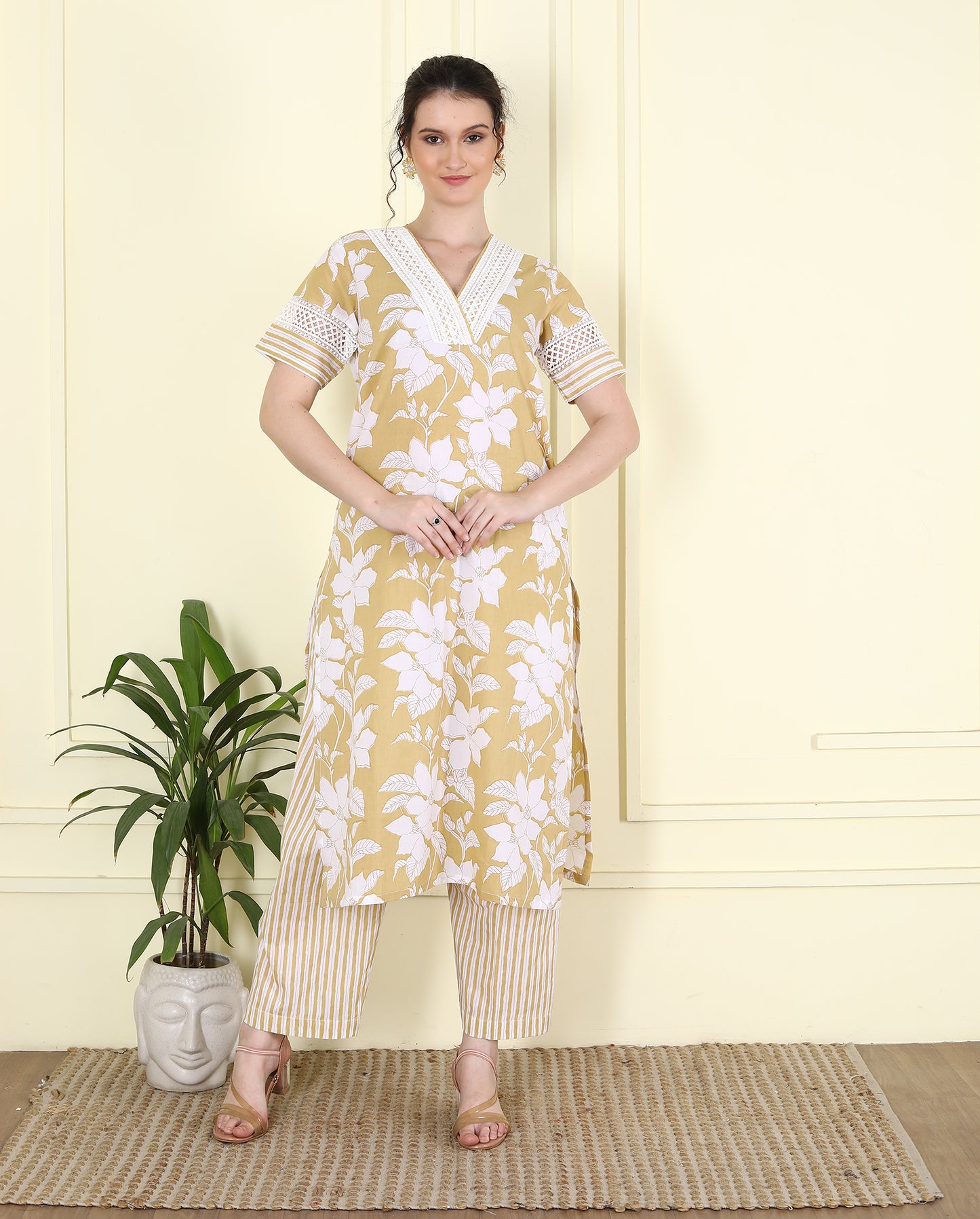 V Neck Lace embellished Beige Printed Kurta Set
