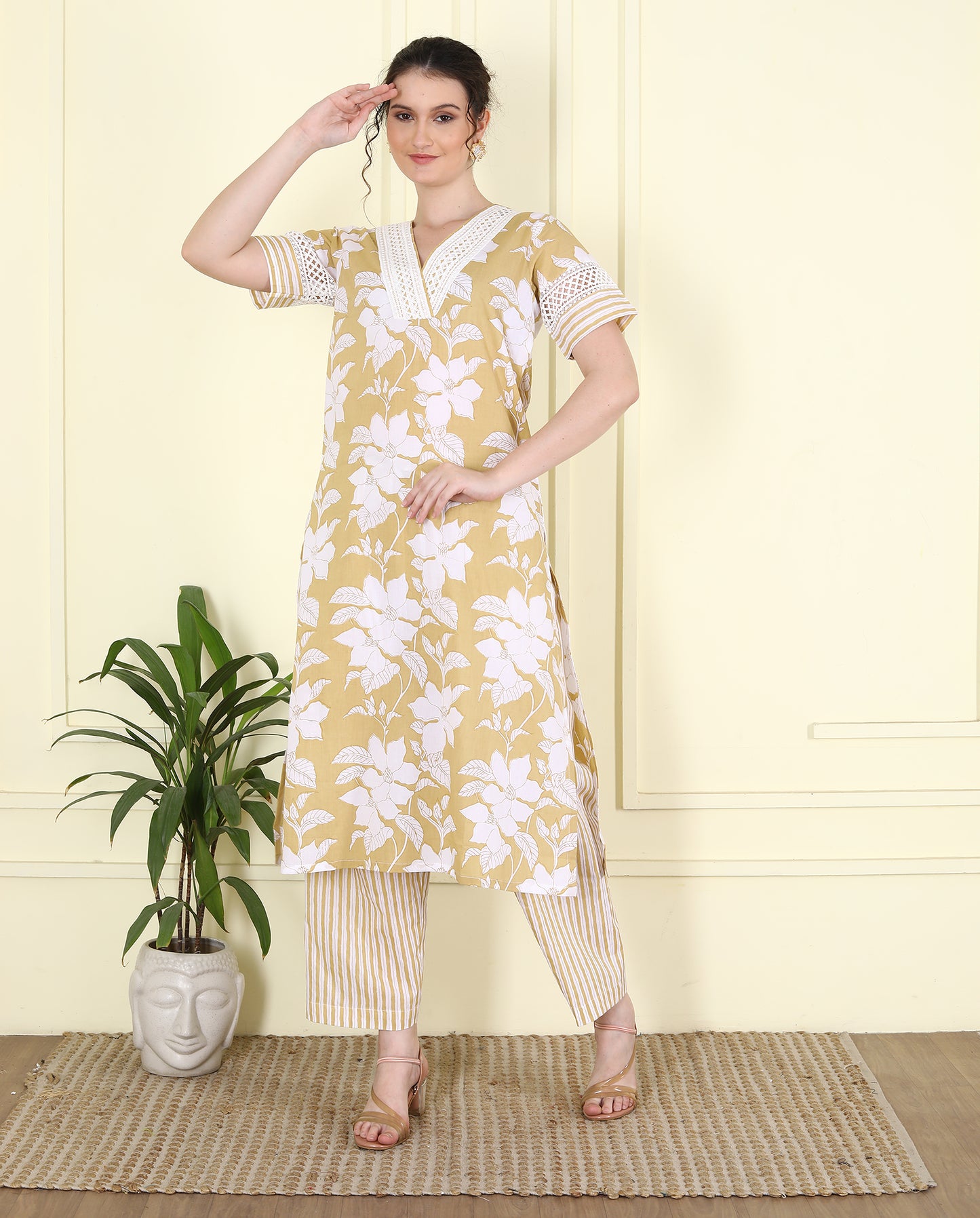 V Neck Lace embellished Beige Printed Kurta Set