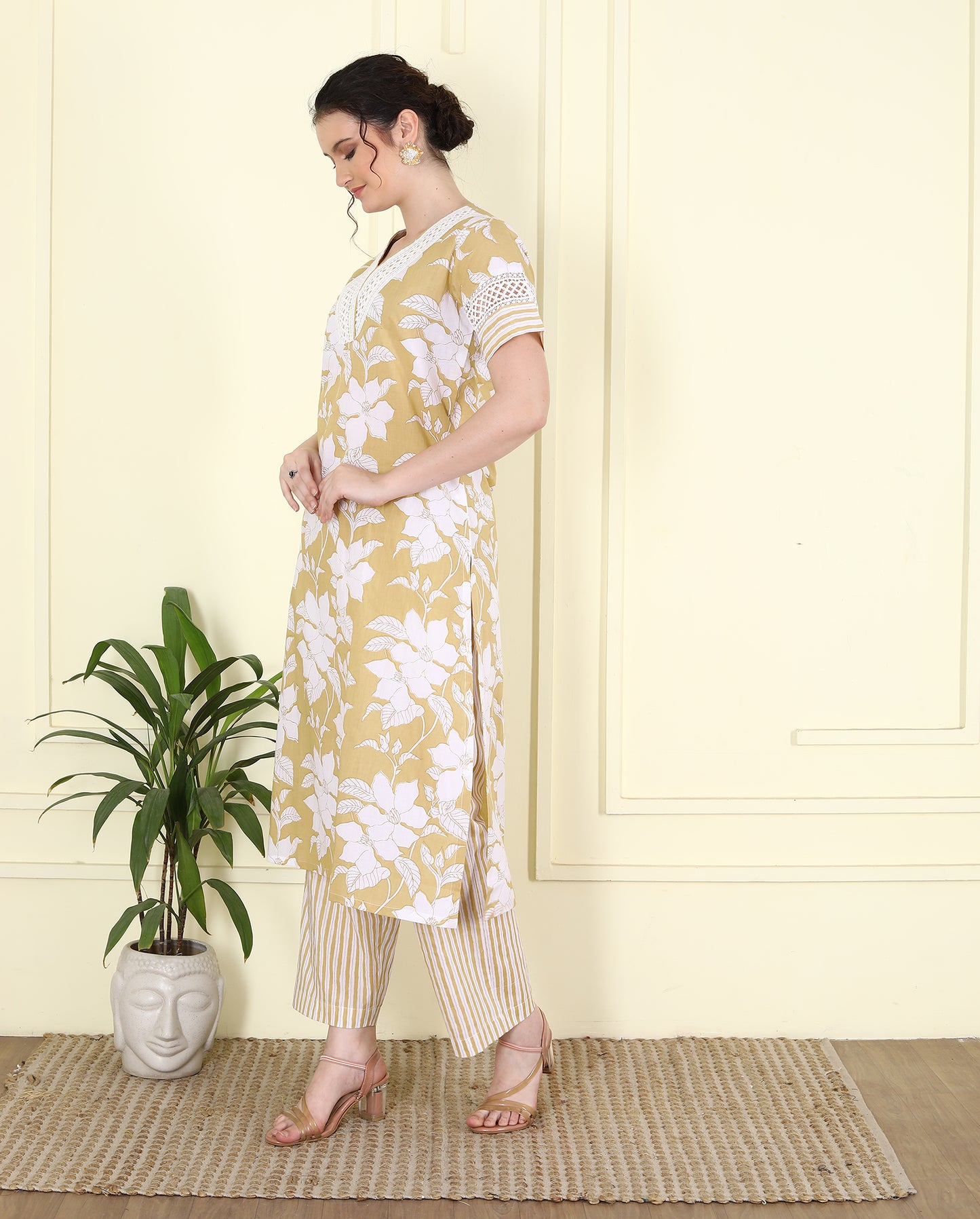 V Neck Lace embellished Beige Printed Kurta Set