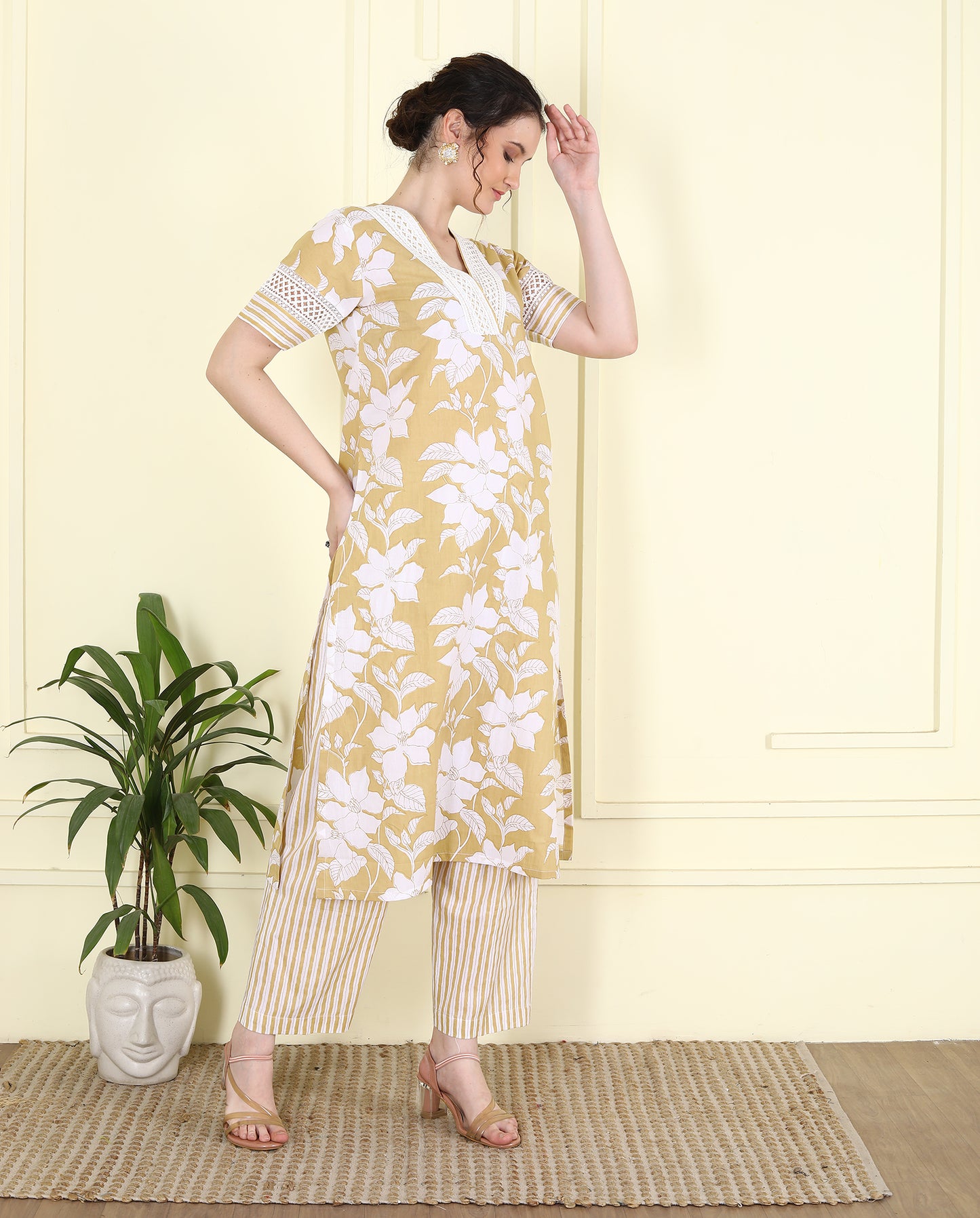 V Neck Lace embellished Beige Printed Kurta Set