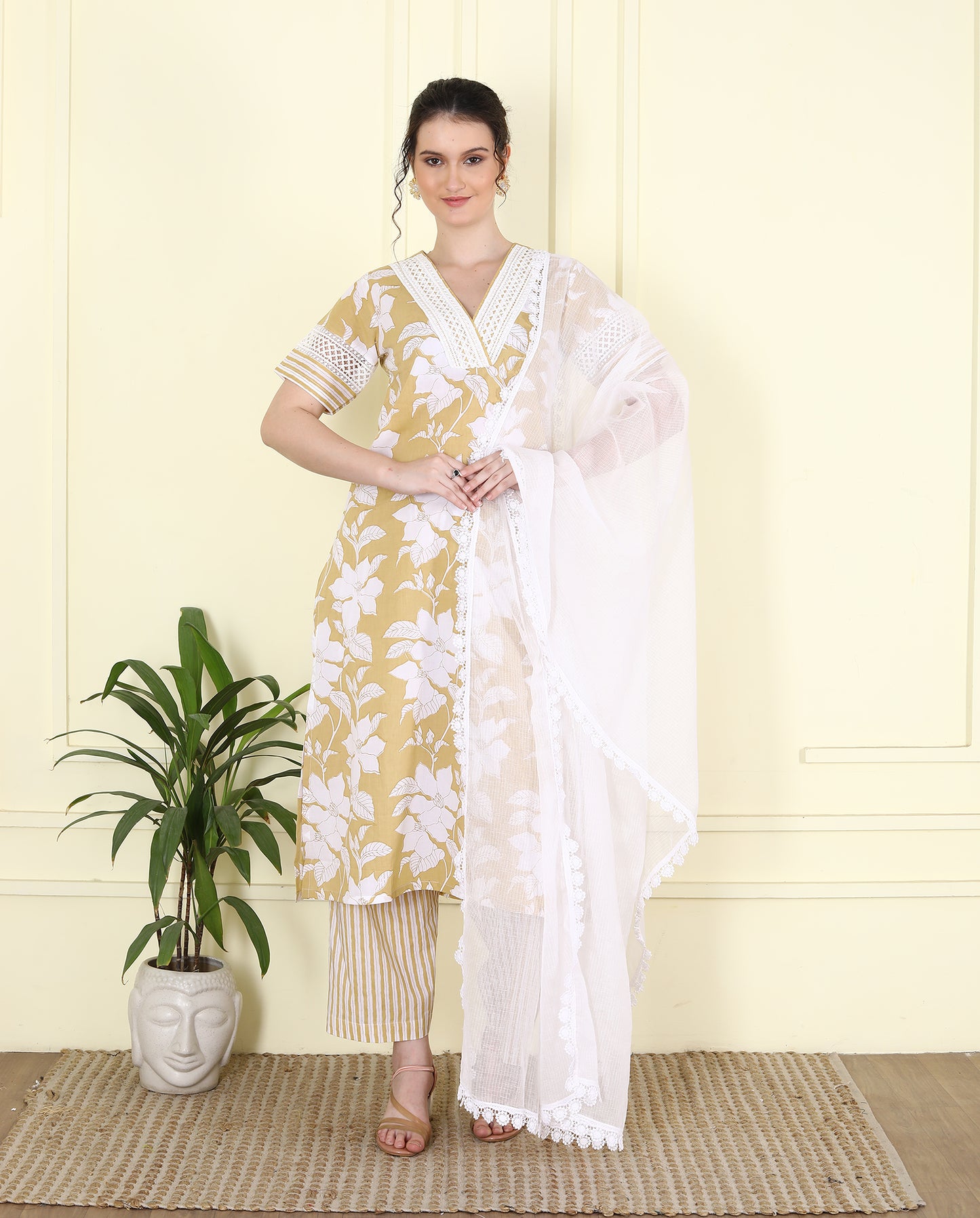 V Neck Lace embellished Beige Printed Kurta Set