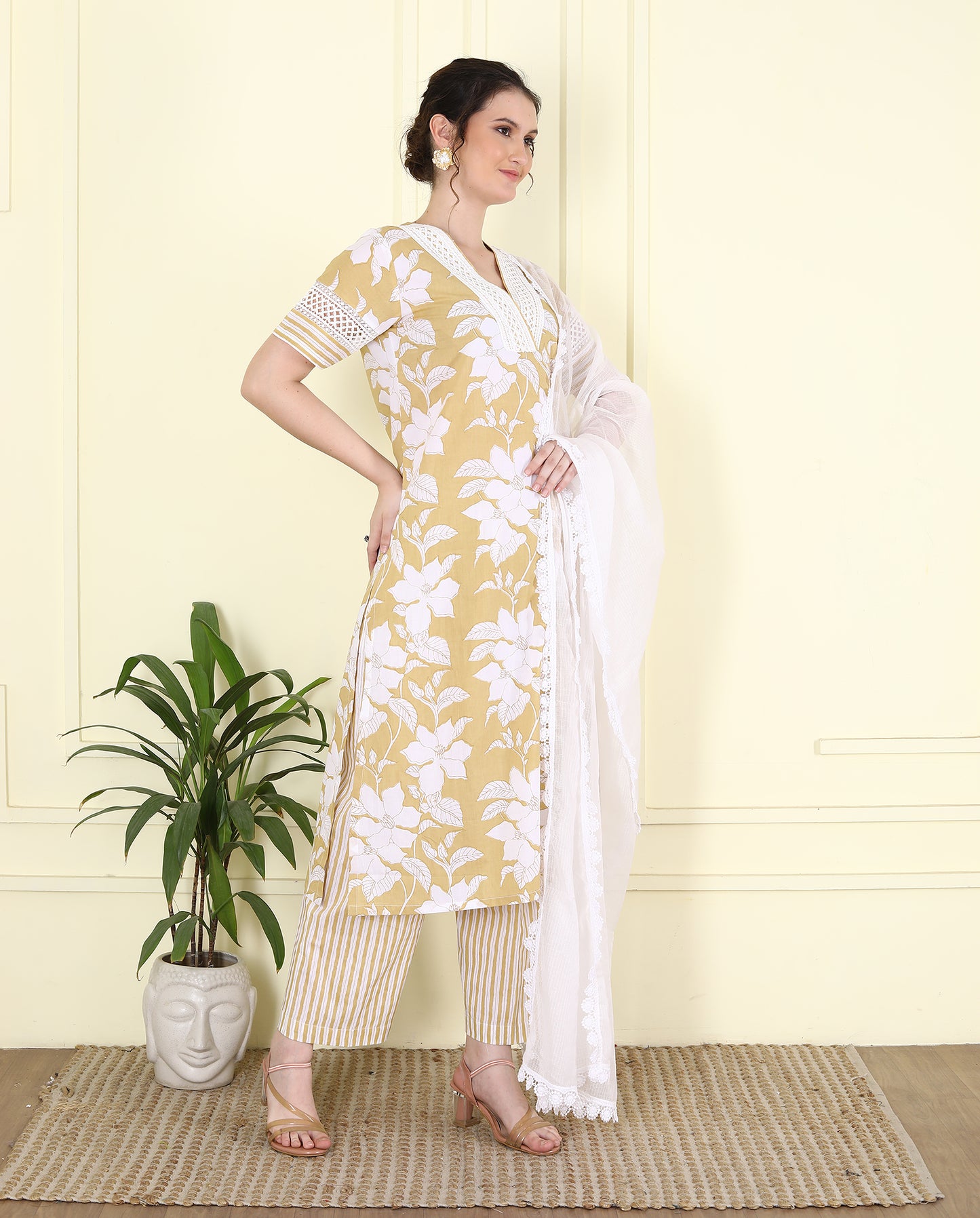 V Neck Lace embellished Beige Printed Kurta Set