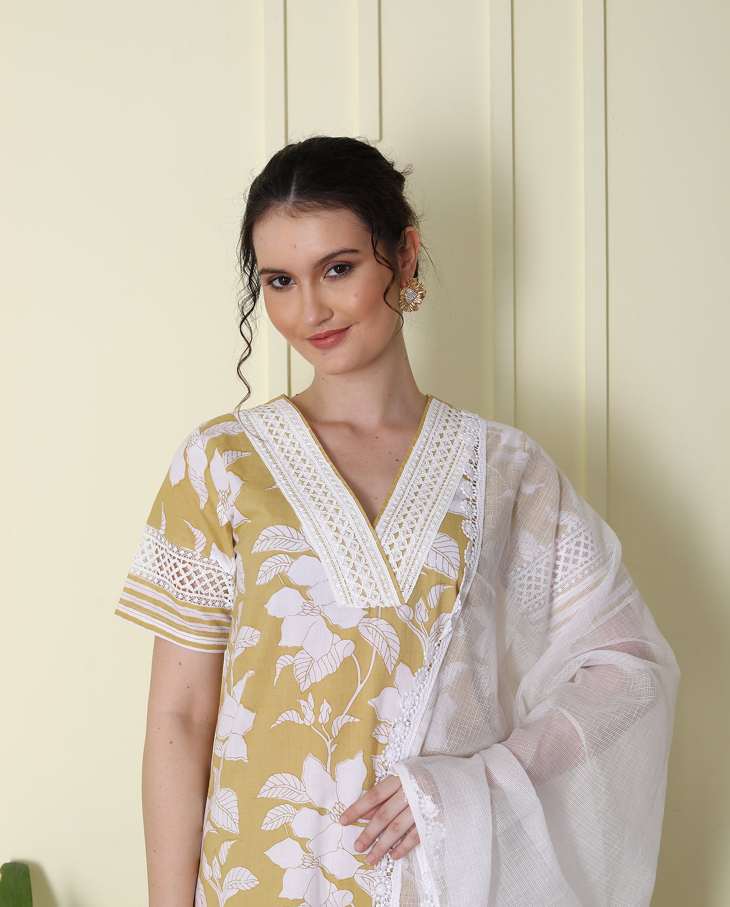 V Neck Lace embellished Beige Printed Kurta Set