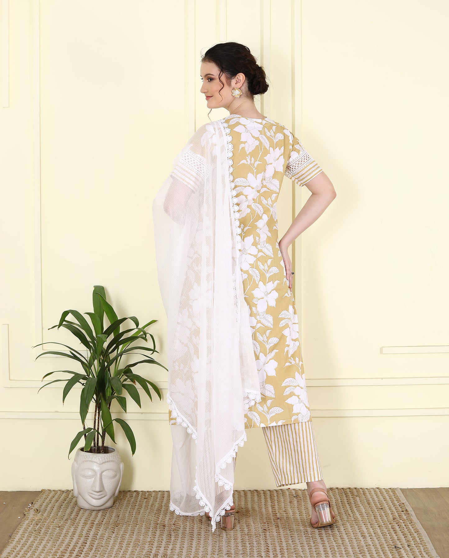 V Neck Lace embellished Beige Printed Kurta Set