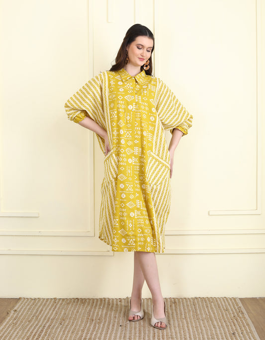 Ochre color print block Balloon Dress UCD25021