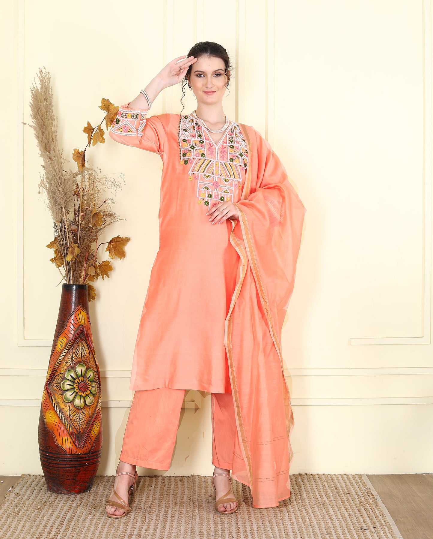 Ahilya Pink chanderi Hand Embroidered kurta set UCEN25017