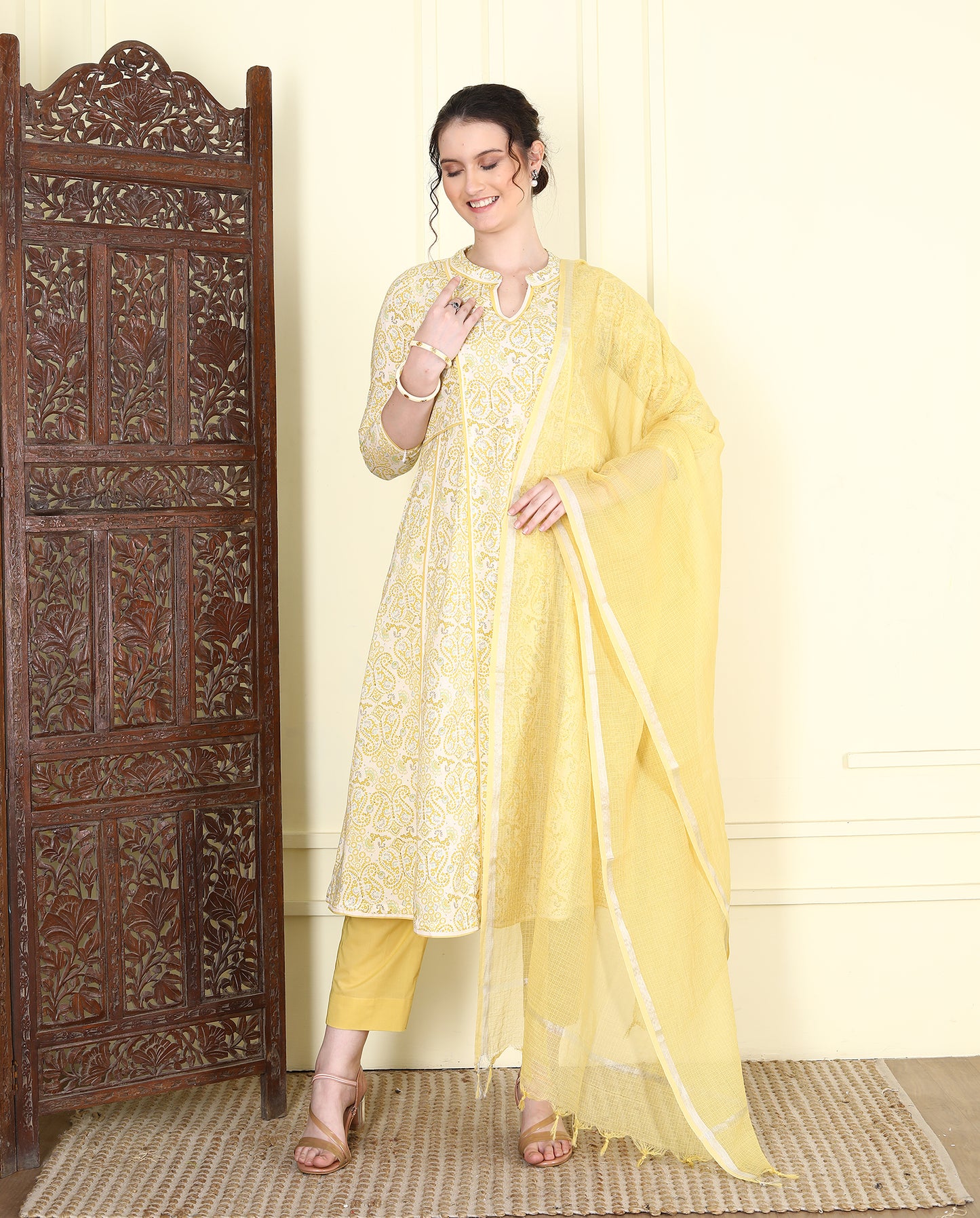 Yellow Paisley Print Kalidar Kurta UCK25007