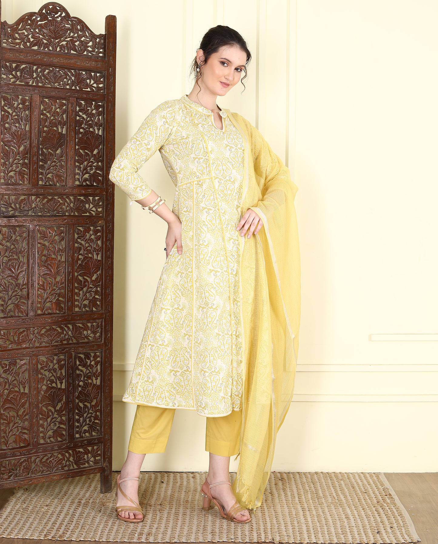 Yellow Paisley Print Kalidar Kurta UCK25007
