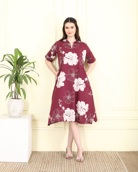 Wine Colored Bold floral Aline Cotton Collar Dress UCD25004
