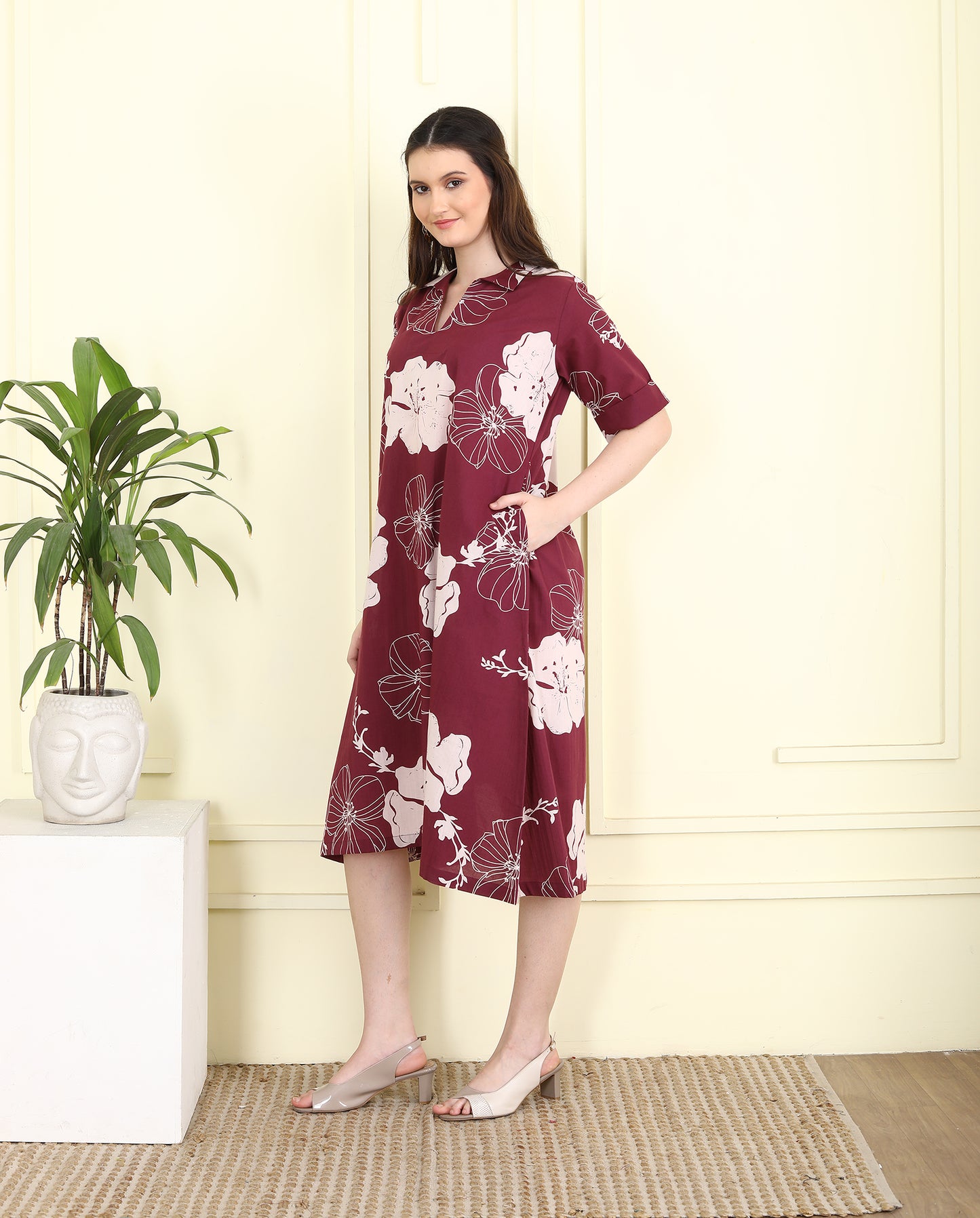 Wine Colored Bold floral Aline Cotton Collar Dress UCD25004