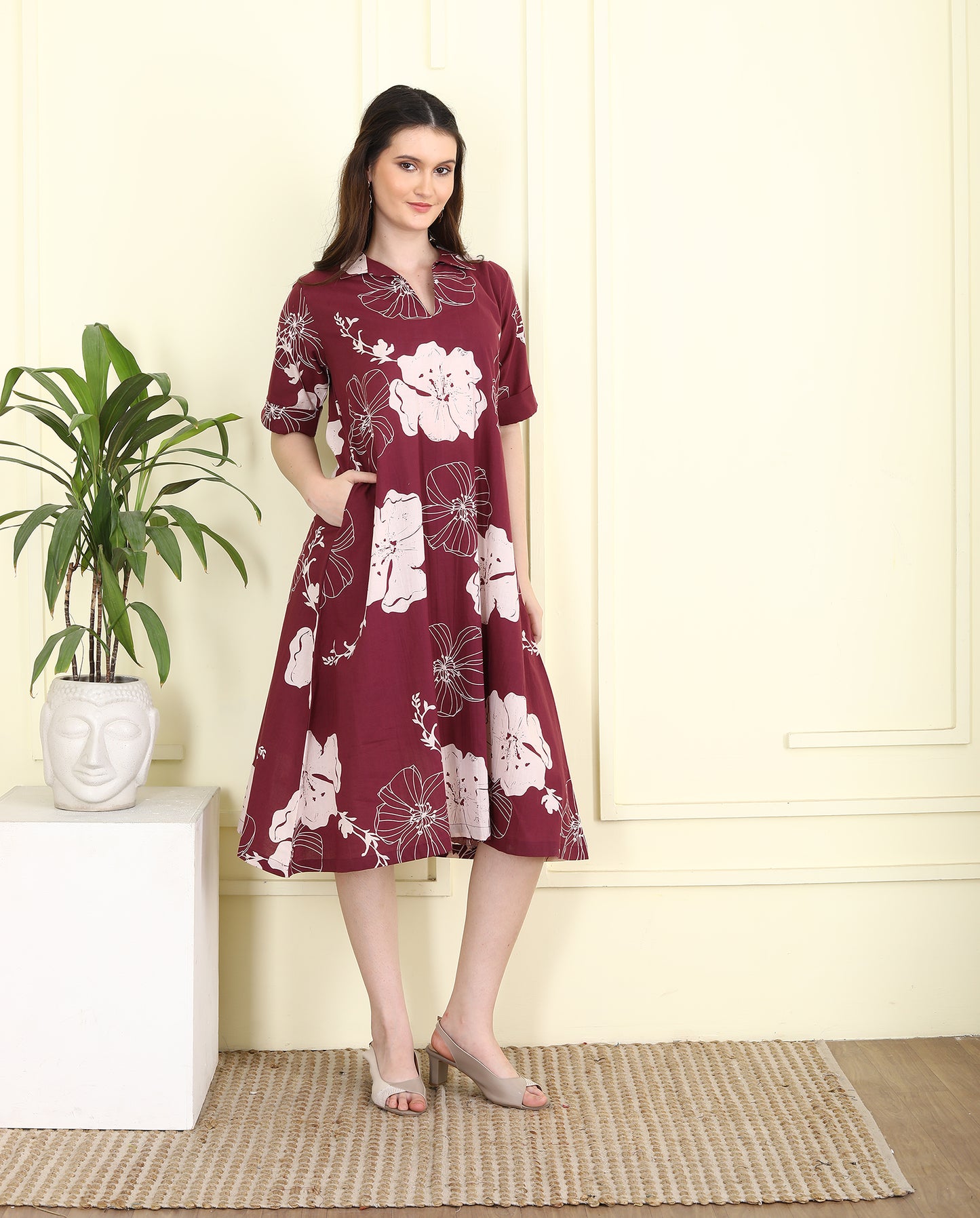 Wine Colored Bold floral Aline Cotton Collar Dress UCD25004