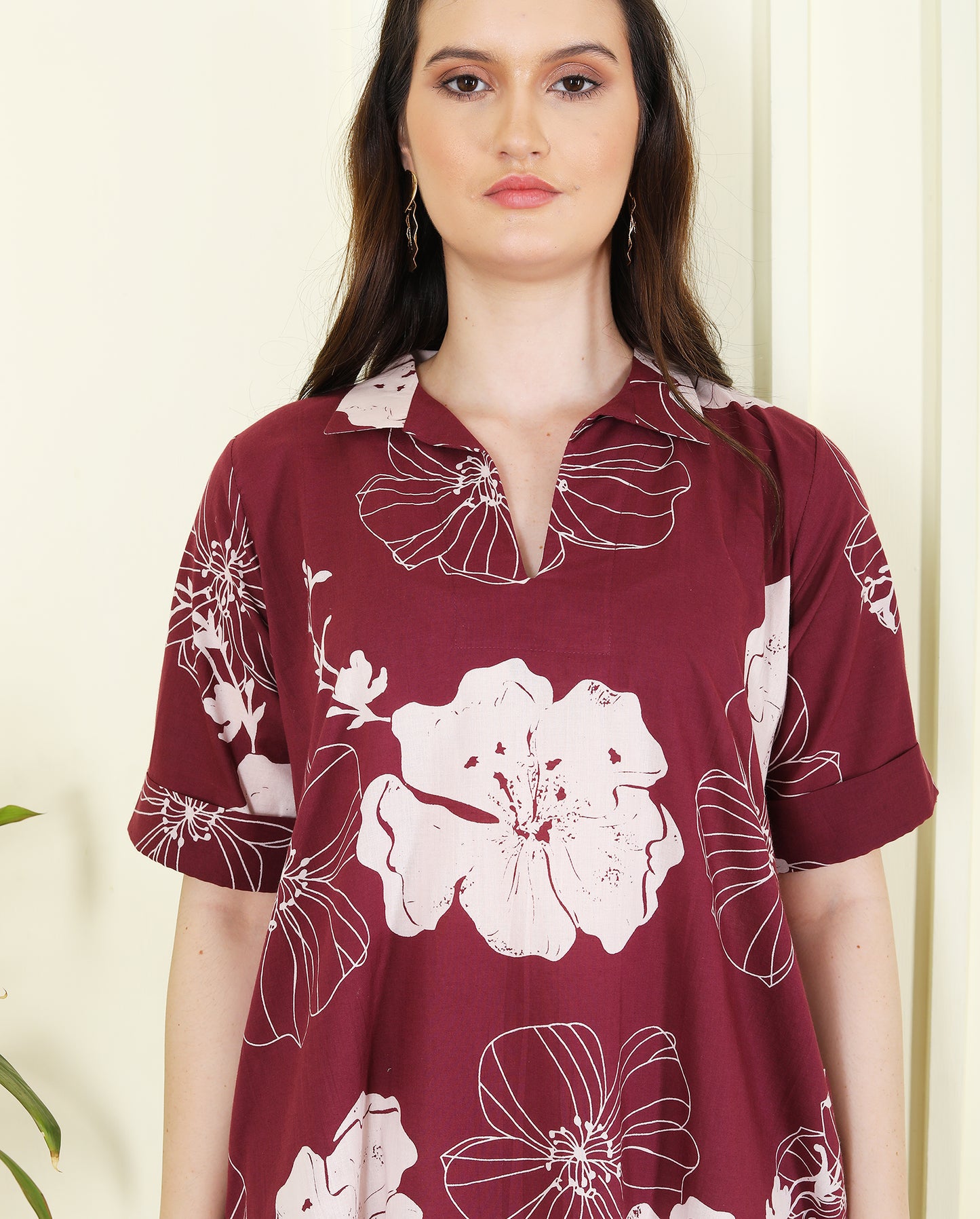 Wine Colored Bold floral Aline Cotton Collar Dress UCD25004