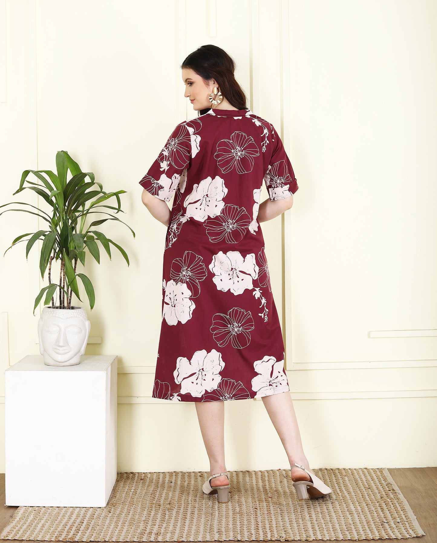 Wine Colored Bold floral Aline Cotton Collar Dress UCD25004