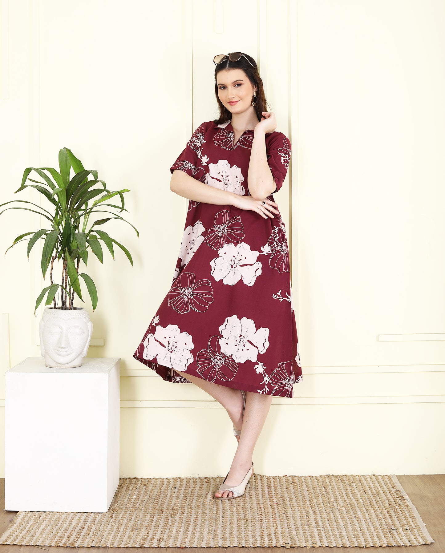 Wine Colored Bold floral Aline Cotton Collar Dress UCD25004