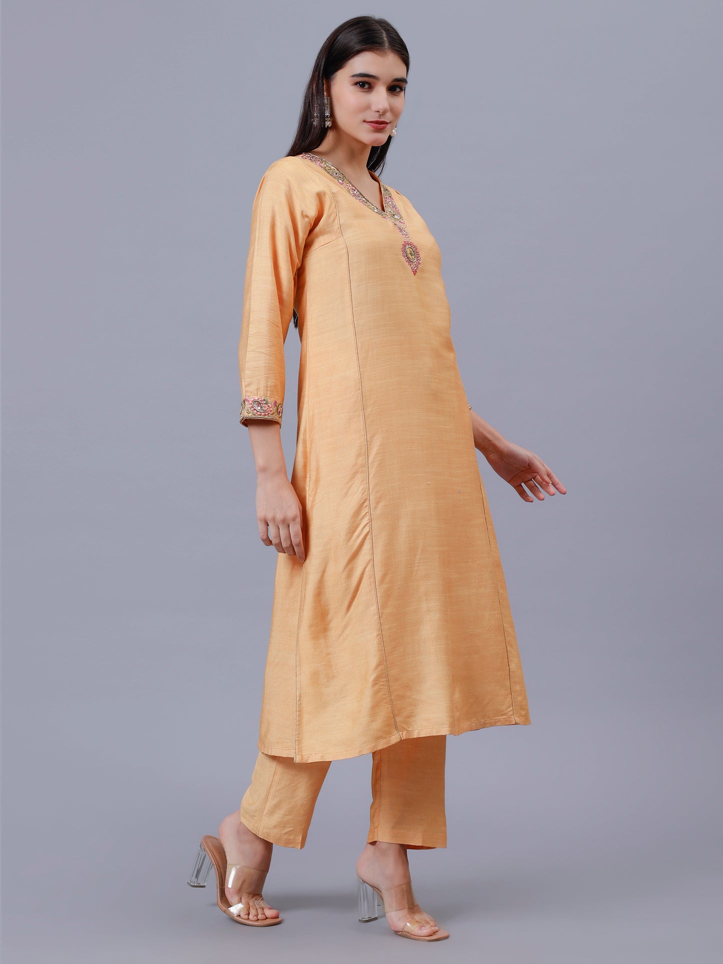 Peach Cotton Tusser V-Neck Embrodered Kalidar Kurta