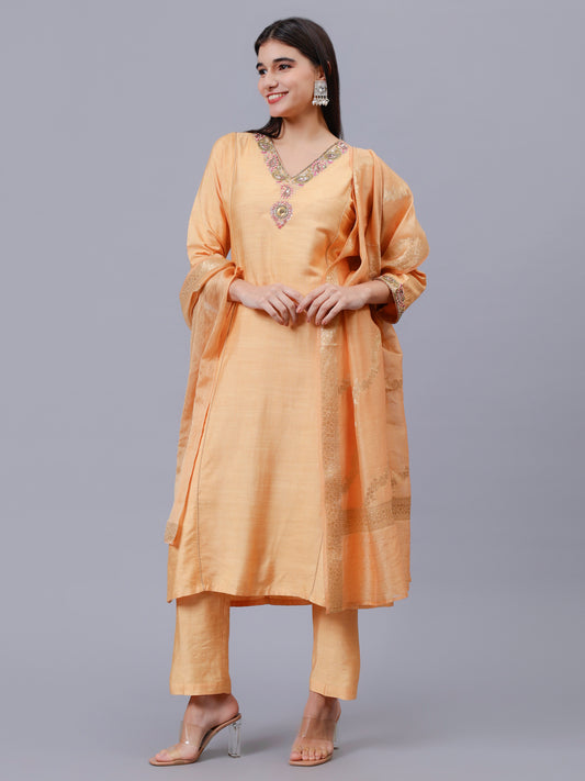 Peach Cotton Tusser V-Neck Embrodered Kalidar Kurta