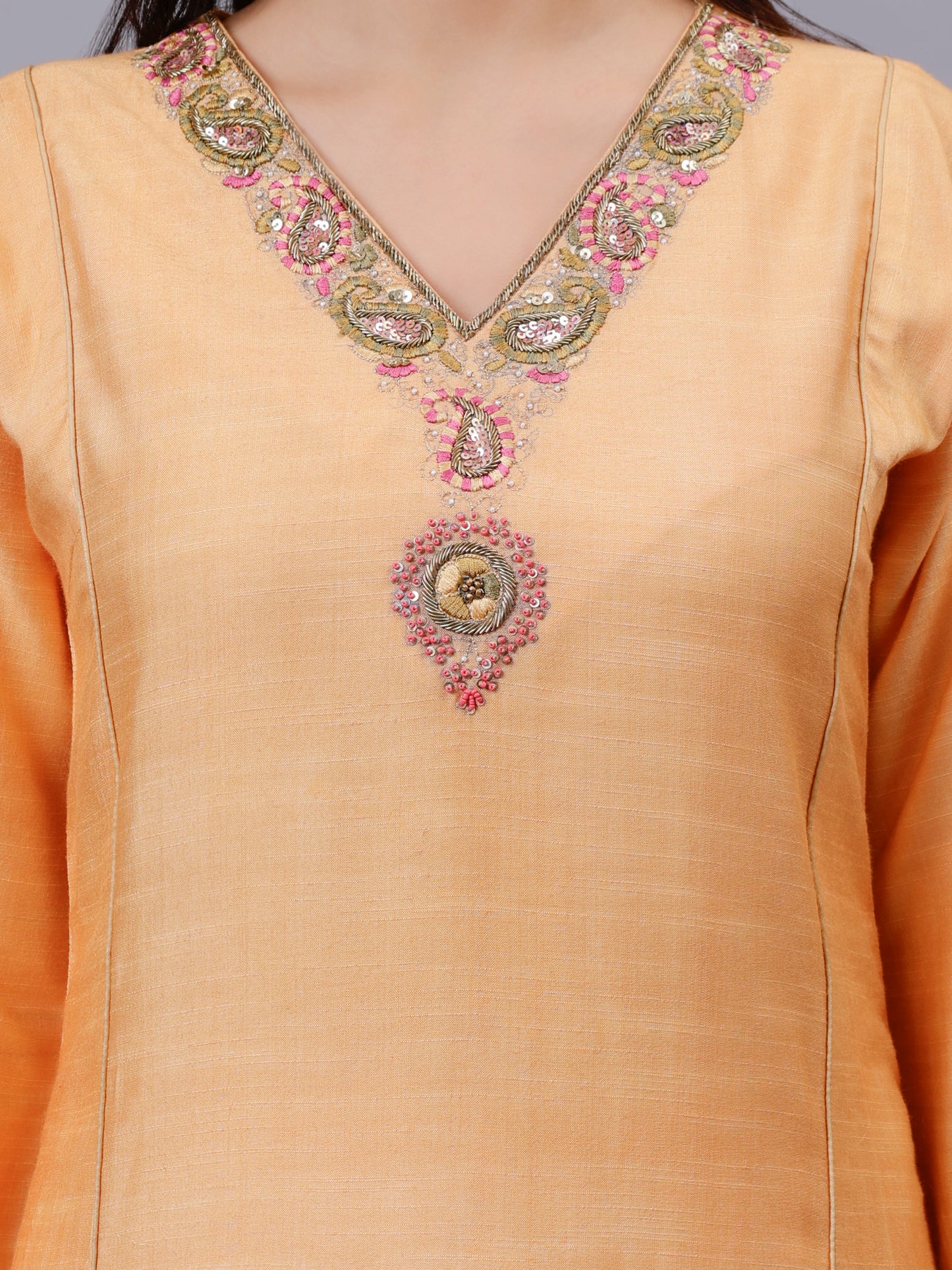 Peach Cotton Tusser V-Neck Embrodered Kalidar Kurta