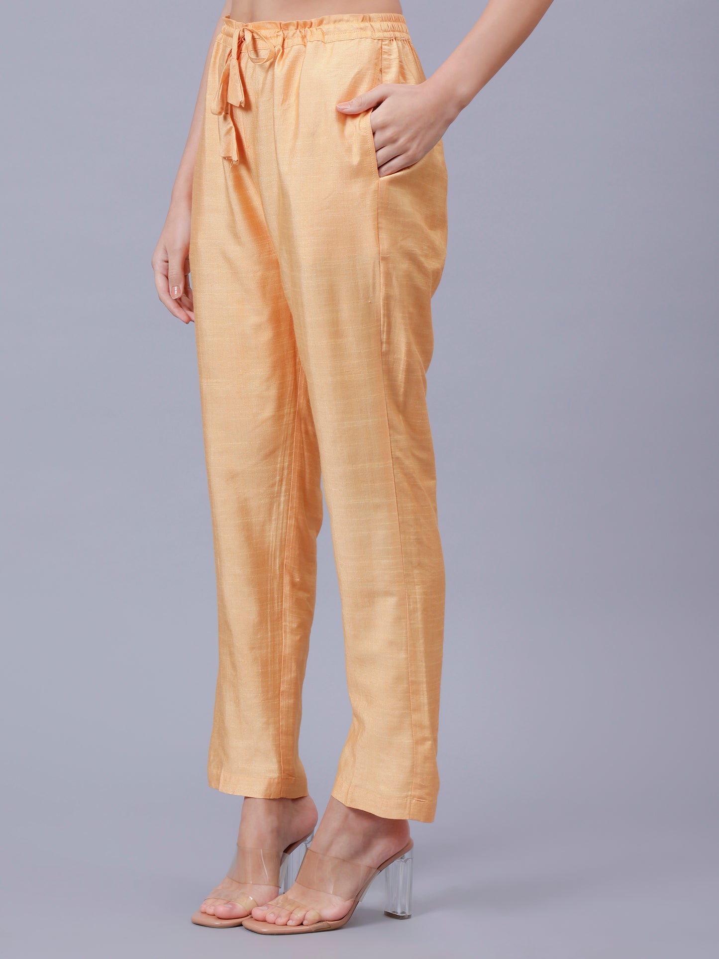 Peach Cotton Tusser V-Neck Embrodered Kalidar Kurta