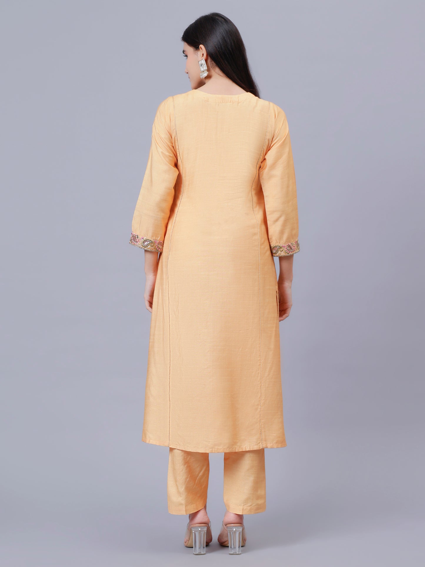 Peach Cotton Tusser V-Neck Embrodered Kalidar Kurta