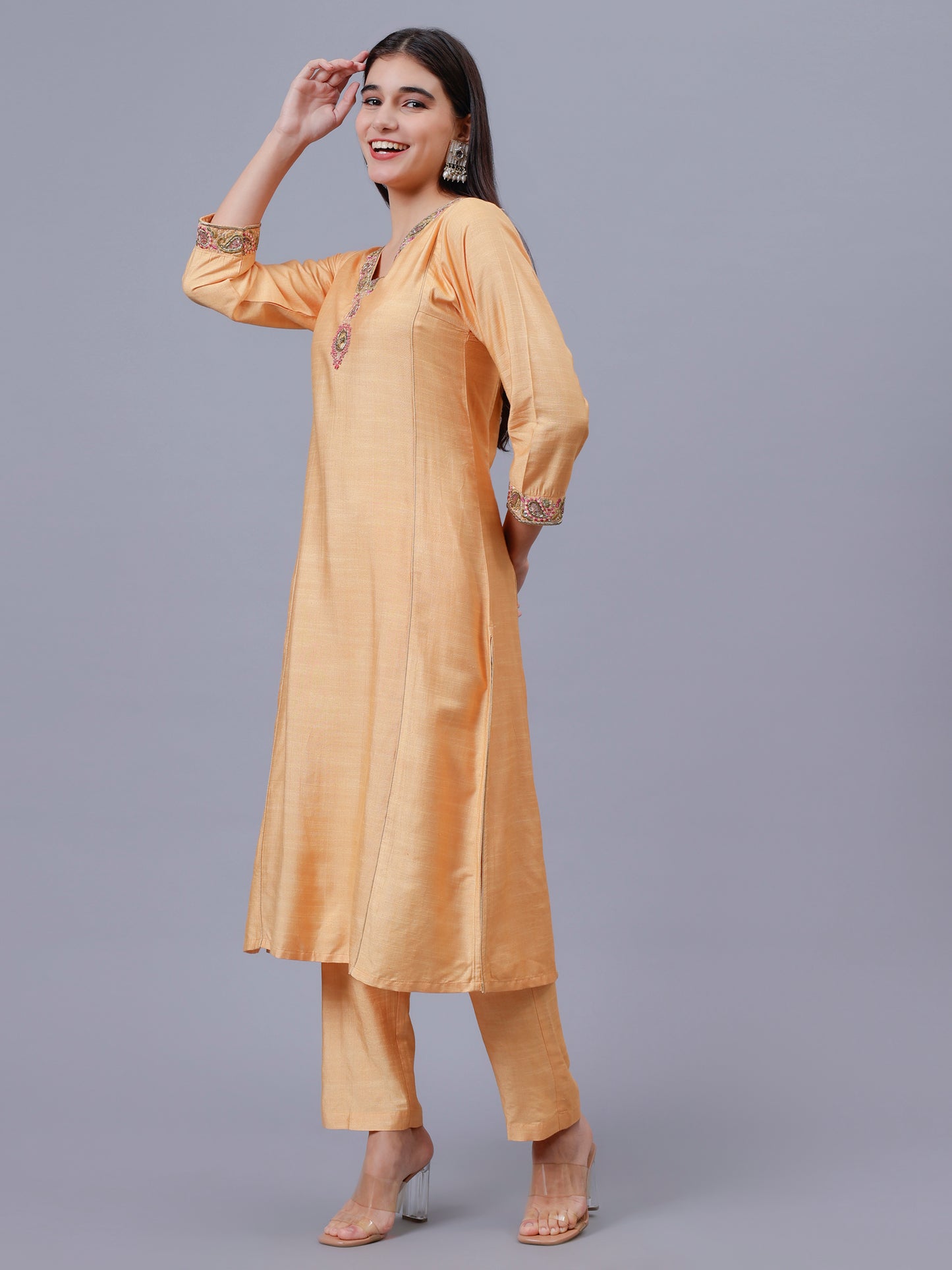 Peach Cotton Tusser V-Neck Embrodered Kalidar Kurta