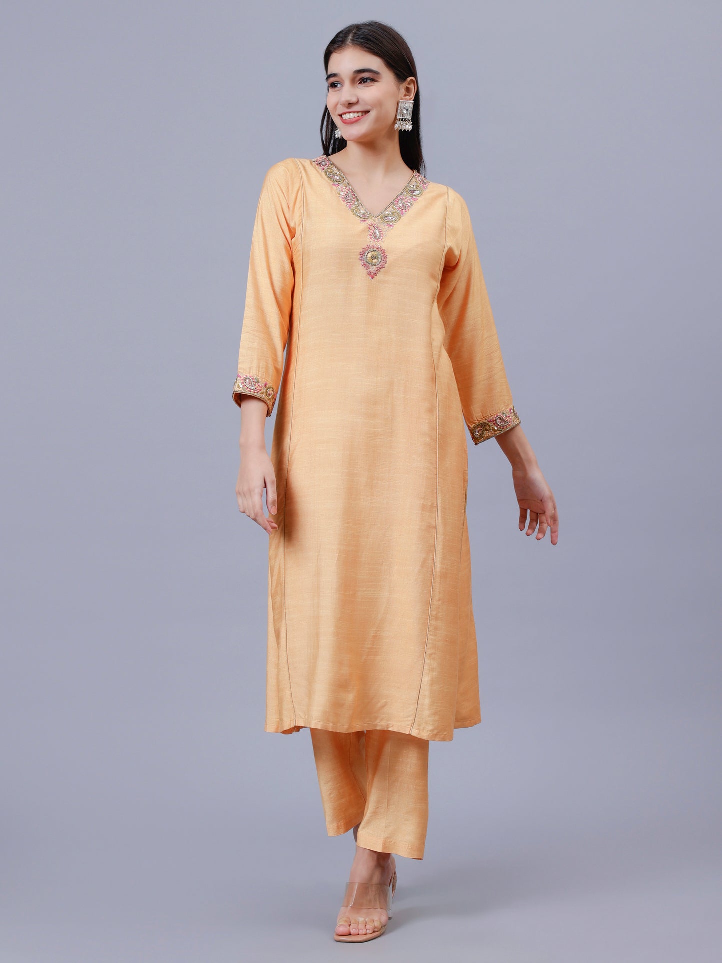 Peach Cotton Tusser V-Neck Embrodered Kalidar Kurta