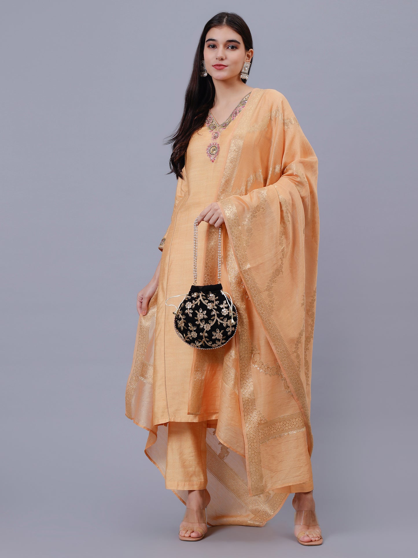 Peach Cotton Tusser V-Neck Embrodered Kalidar Kurta