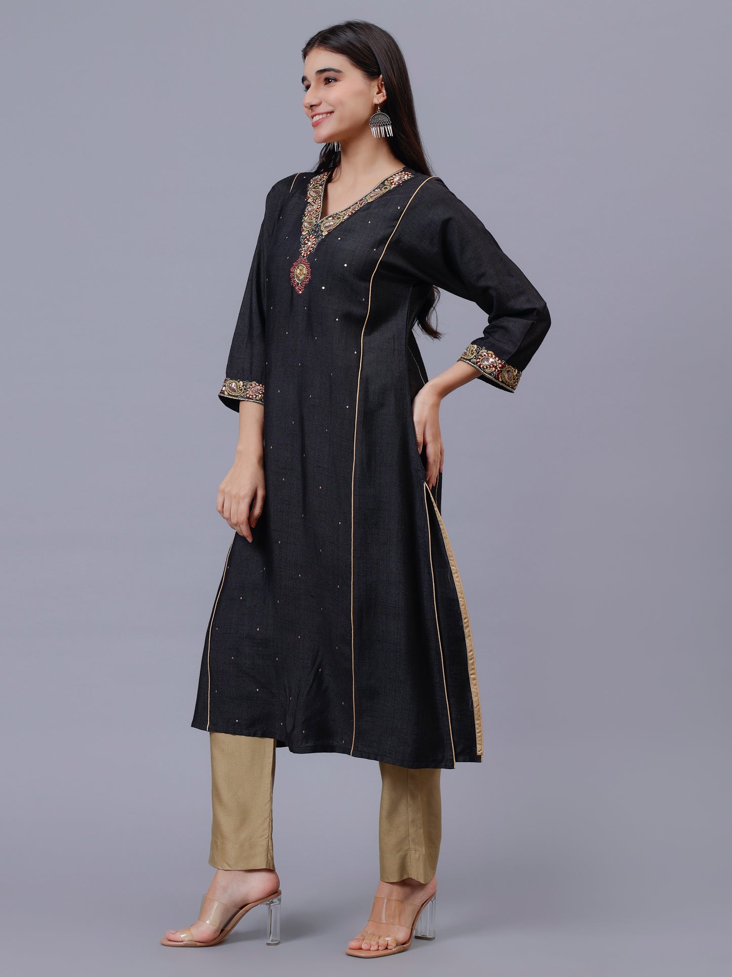 Black Tussar hand Emmroidered Kurta Set
