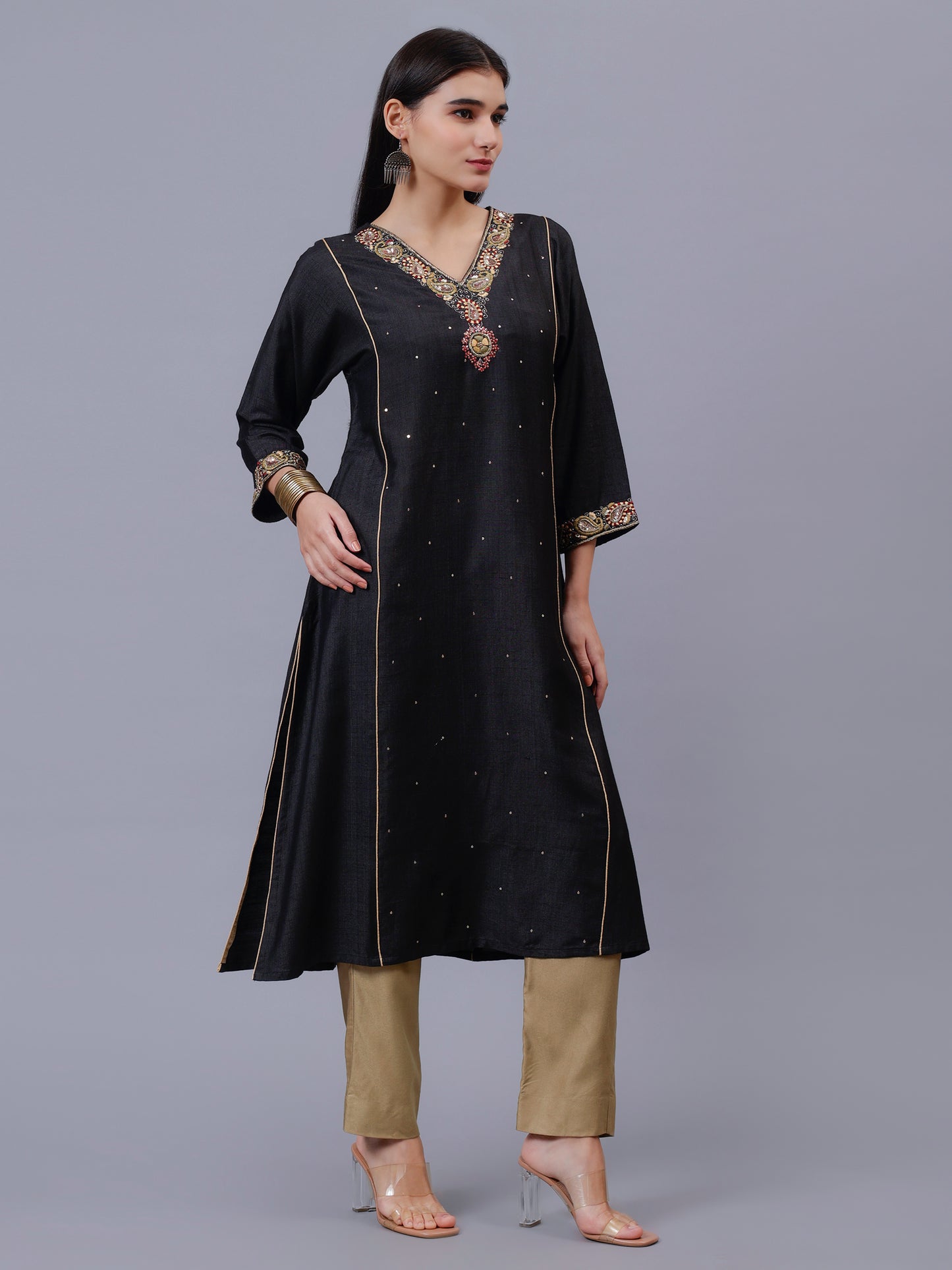 Black Tussar hand Emmroidered Kurta Set
