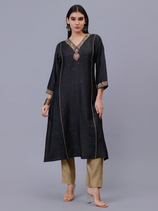 Black Tussar hand Emmroidered Kurta Set