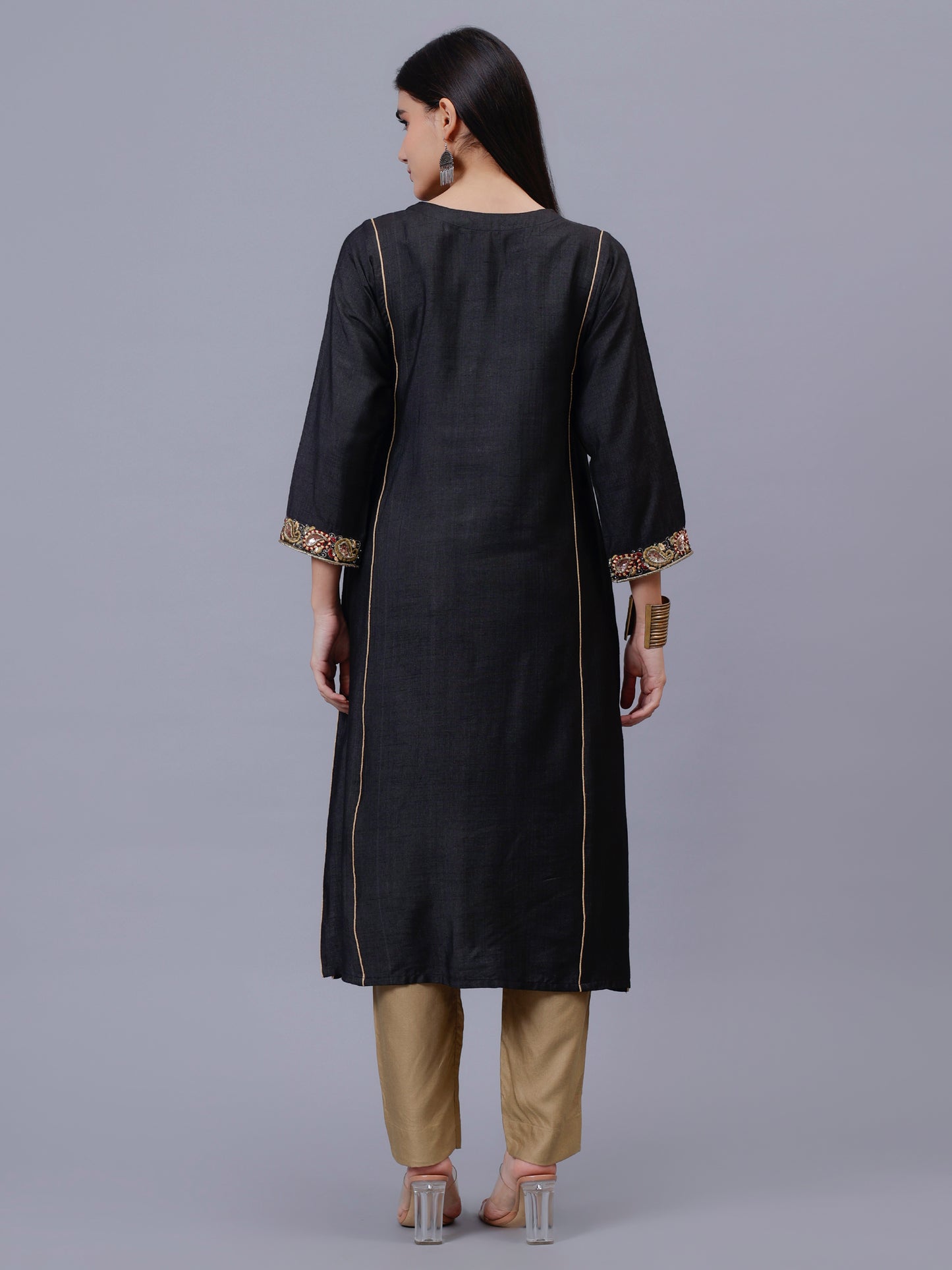 Black Tussar hand Emmroidered Kurta Set