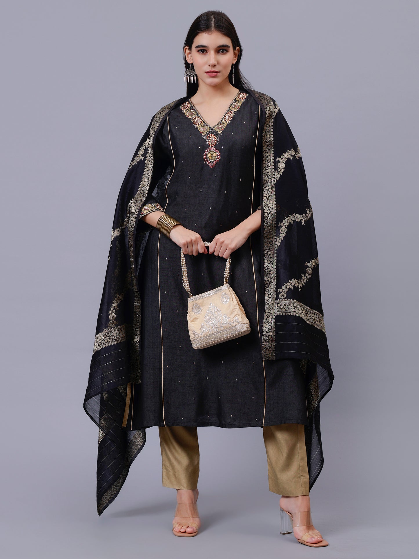 Black Tussar hand Emmroidered Kurta Set