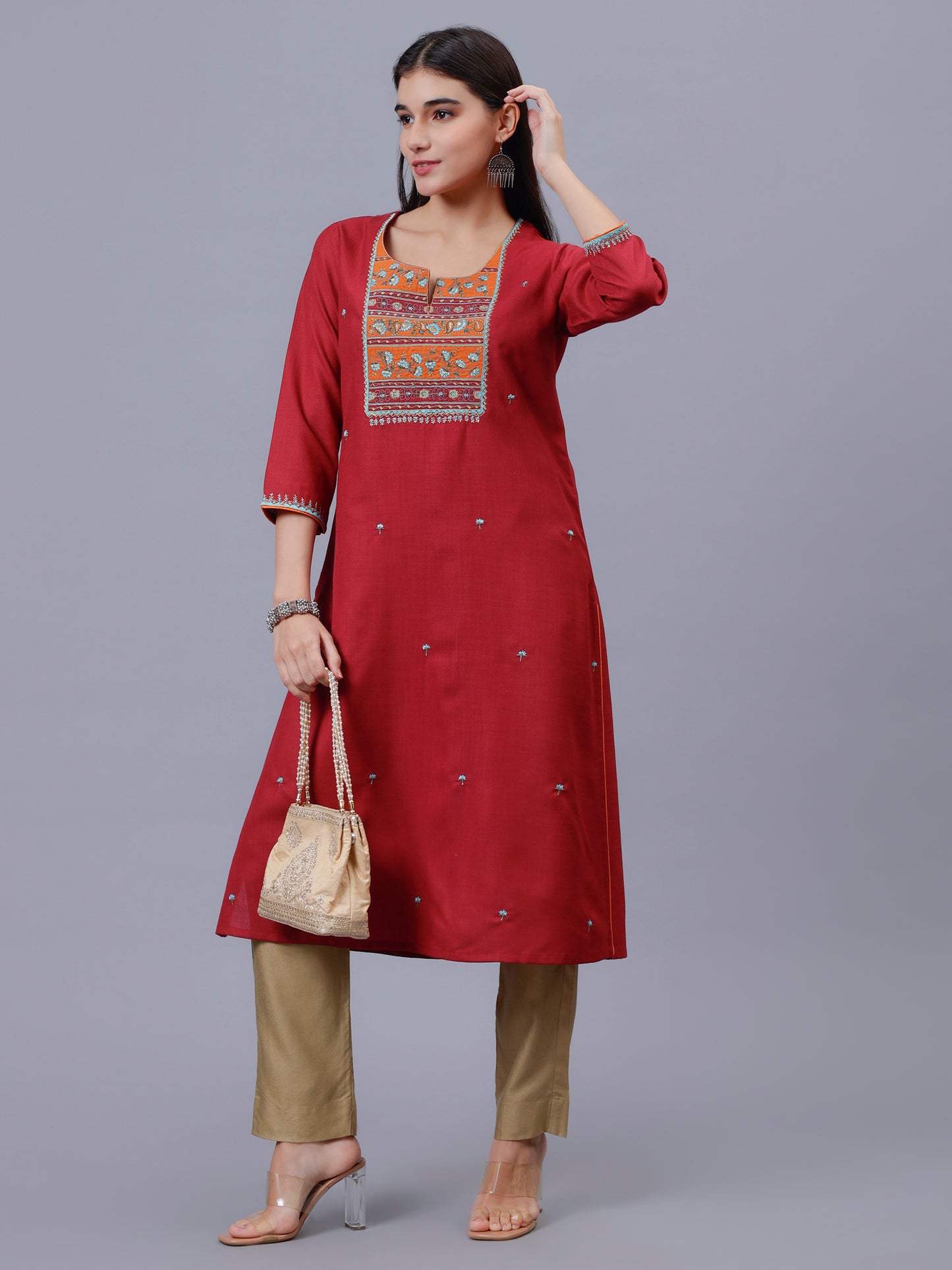 Rust A-Line Embroidered Neck Kurta