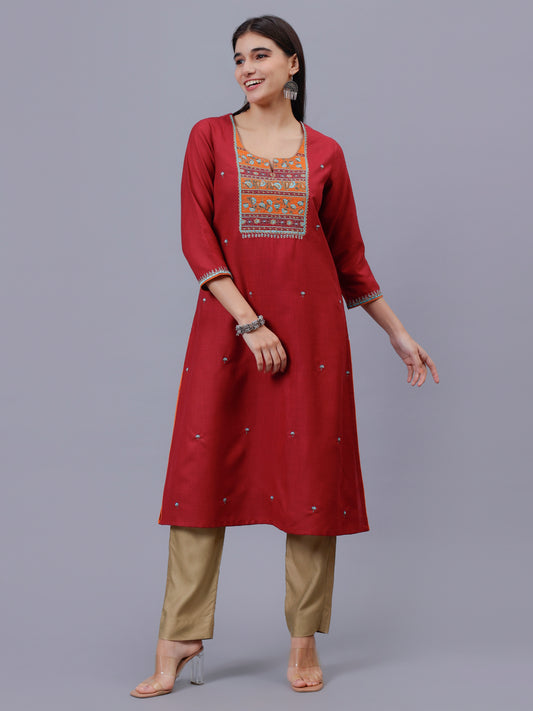 Rust A-Line Embroidered Neck Kurta