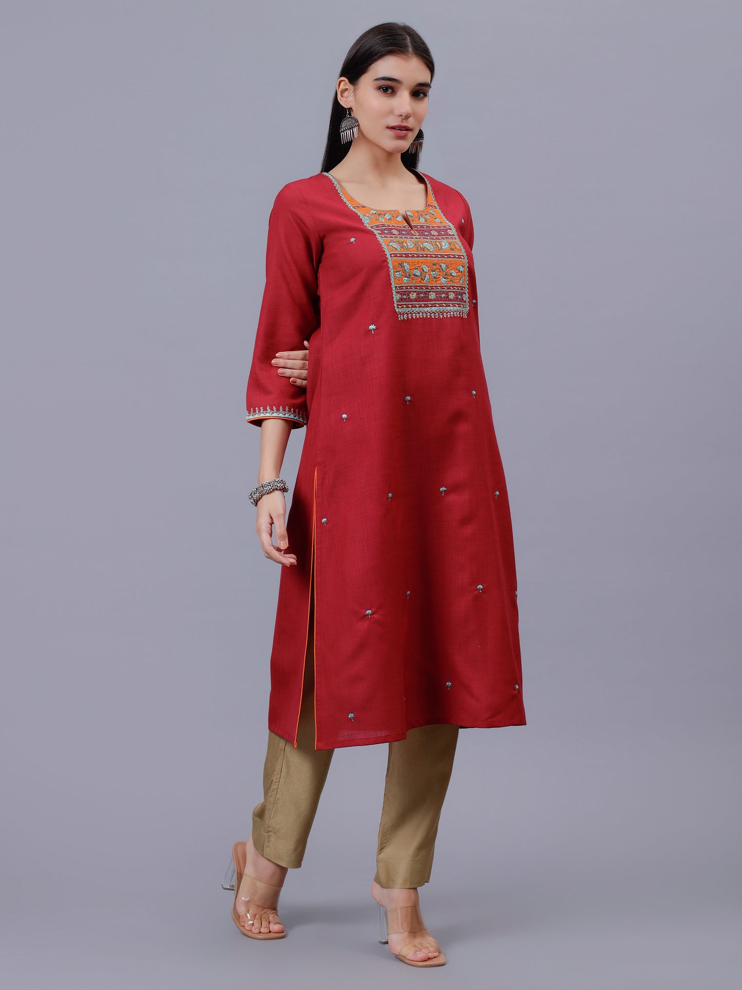 Rust A-Line Embroidered Neck Kurta