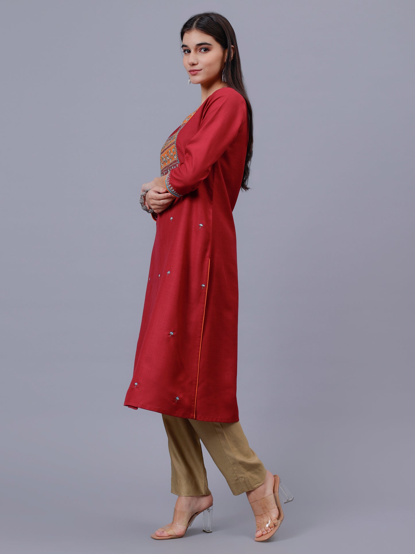 Rust A-Line Embroidered Neck Kurta