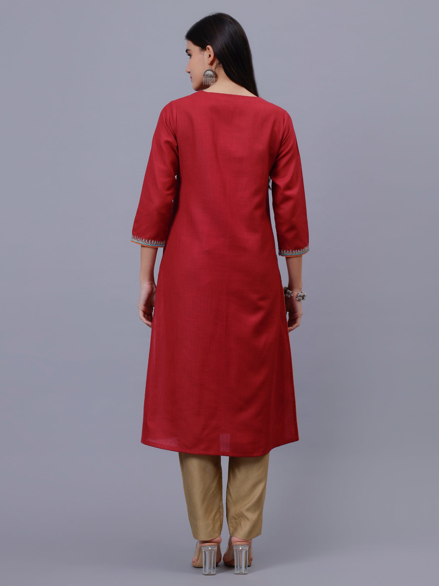 Rust A-Line Embroidered Neck Kurta Back